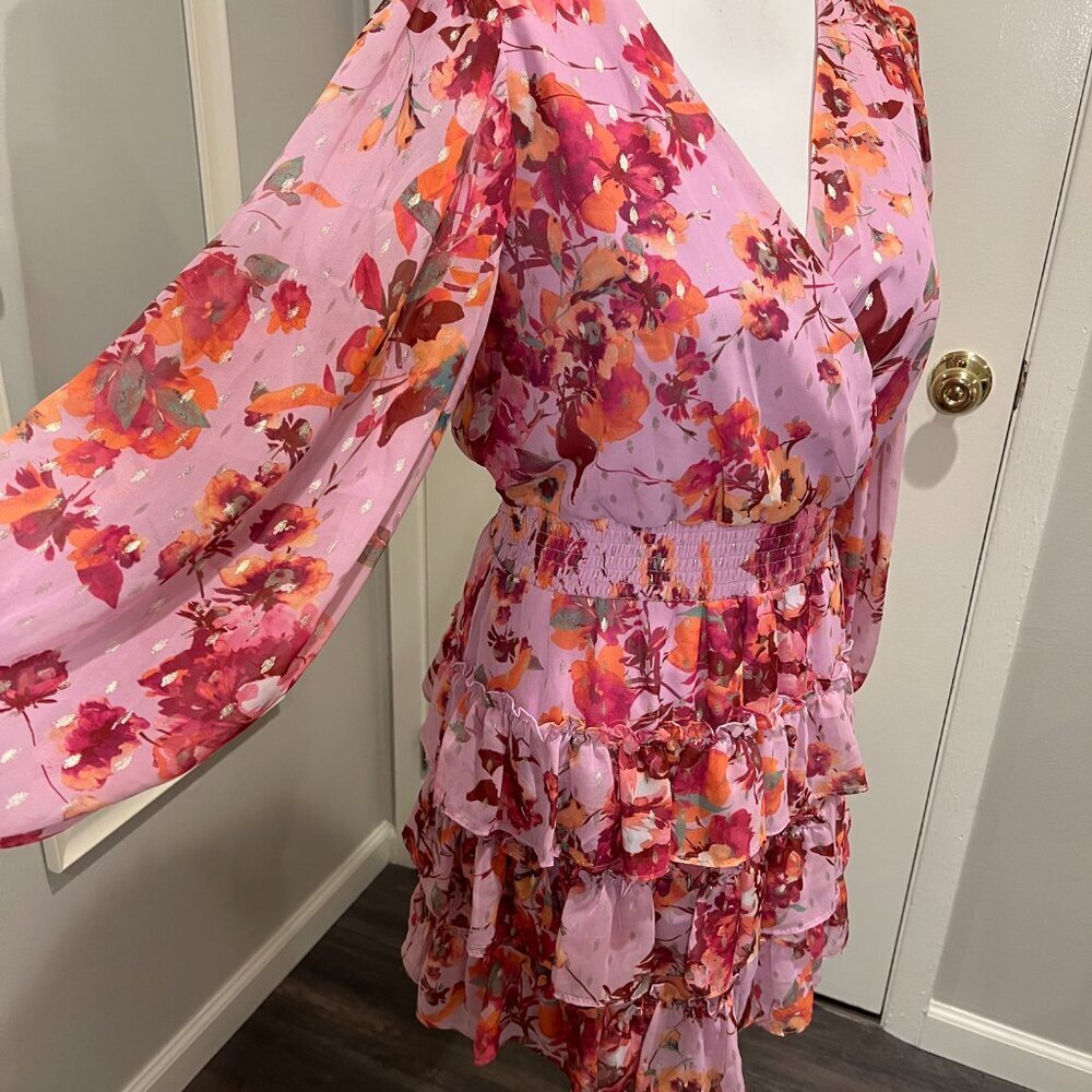 MSK Pink Floral Smocked Waist Tiered Mini Dress, Size Medium - Picture 7 of 16